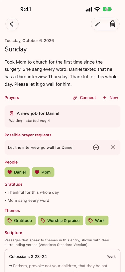A journal entry with the people, gratitude, and a possible prayer request Treasured noticed